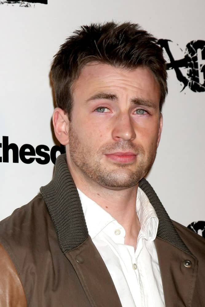 Chris Evans looked quite a dashing specimen with his spiked crew cut hairstyle and casual brown aviator jacket at the RAGE Game Launch at the Chinatown's Historical Central Plaza on September 30, 2011 in Los Angeles, CA.