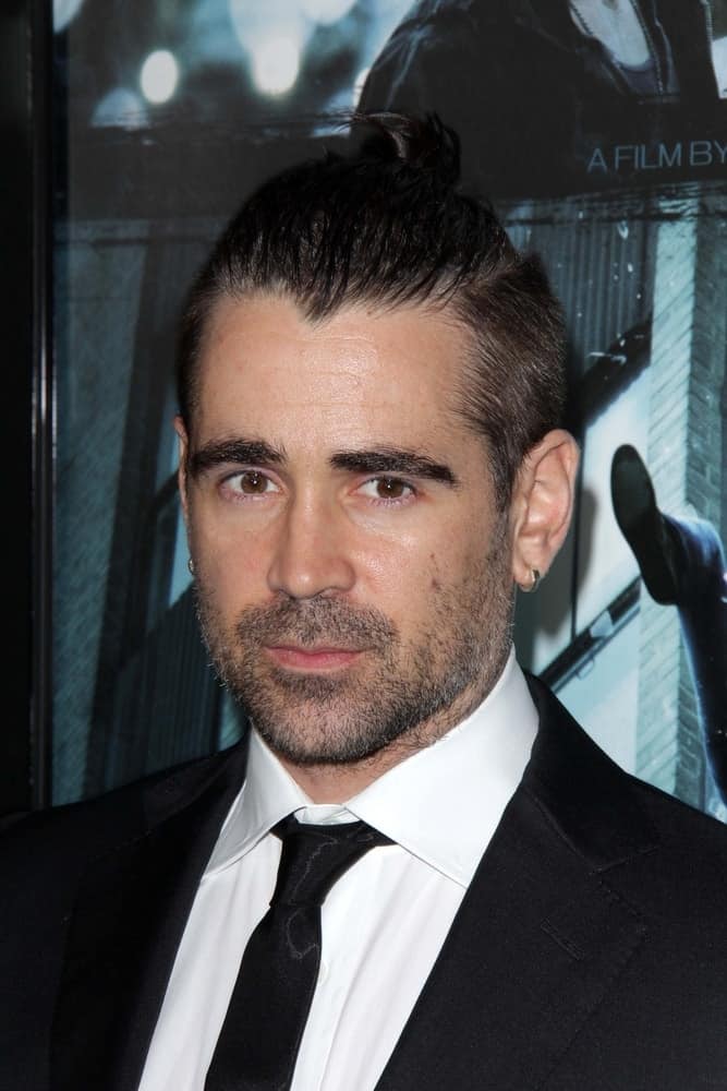 Colin Farrell in a black suit and a man bun hairstyle at the "Dead Man Down" World Premiere on 26th of February, 2013.