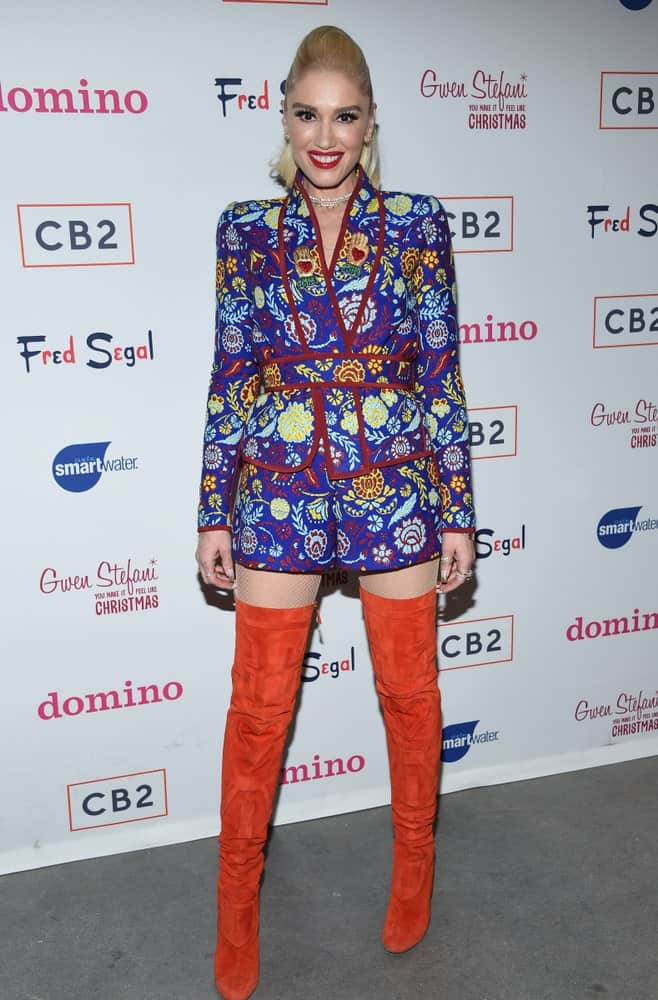 Gwen Stefani attended the Domino x Fred Segal And CB2 Pop Up last December 7, 2017, in Los Angeles. She wore a pair of thigh boots with her colorful outfit and sandy blond ponytail with a slight pompadour look.