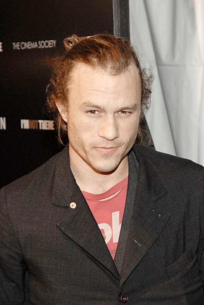 The legendary Joker, Heath Ledger seen in a man bun hairstyle at the I'M NOT THERE Premiere. Photo taken on November 13, 2007.