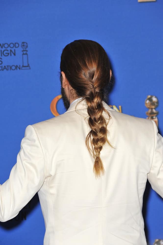 Jared Leto showing off his braided ponytail at the 72nd Annual Golden Globe Awards at the Beverly Hilton Hotel, Beverly Hills.