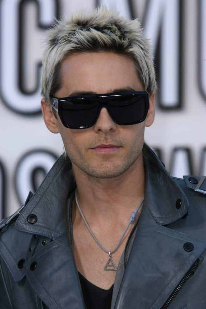 Jared Leto had short spiky hair bleached in platinum blonde with patches of his natural hair color during the 2010 MTV Video Music Awards at Nokia Theatre L.A. LIVE held on August 12th.