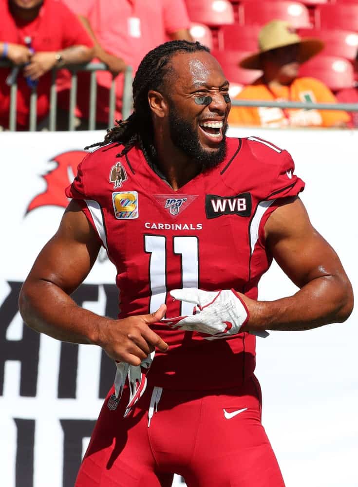 Arizona Cardinals wide receiver Larry Fitzgerald (11) smiles before an NFL game against the Tampa Bay Buccaneers at Raymond James Stadium.