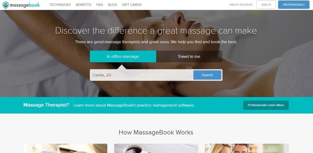 Screenshot of the site homepage for Massagebook scheduling software.