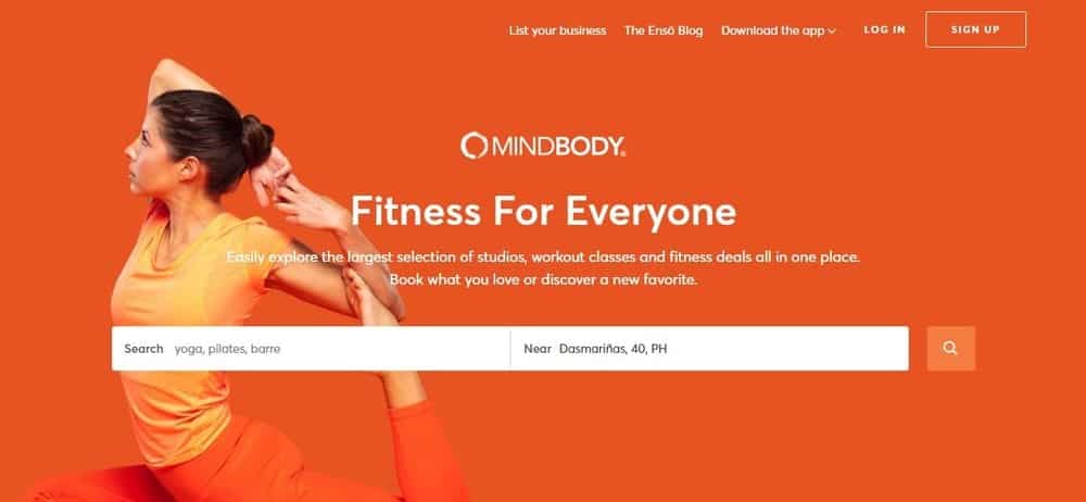 Screenshot of the site homepage for MINDBODY scheduling software.