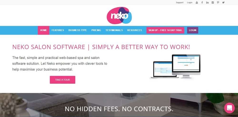 Screenshot of the site homepage for Neko Salon scheduling software.
