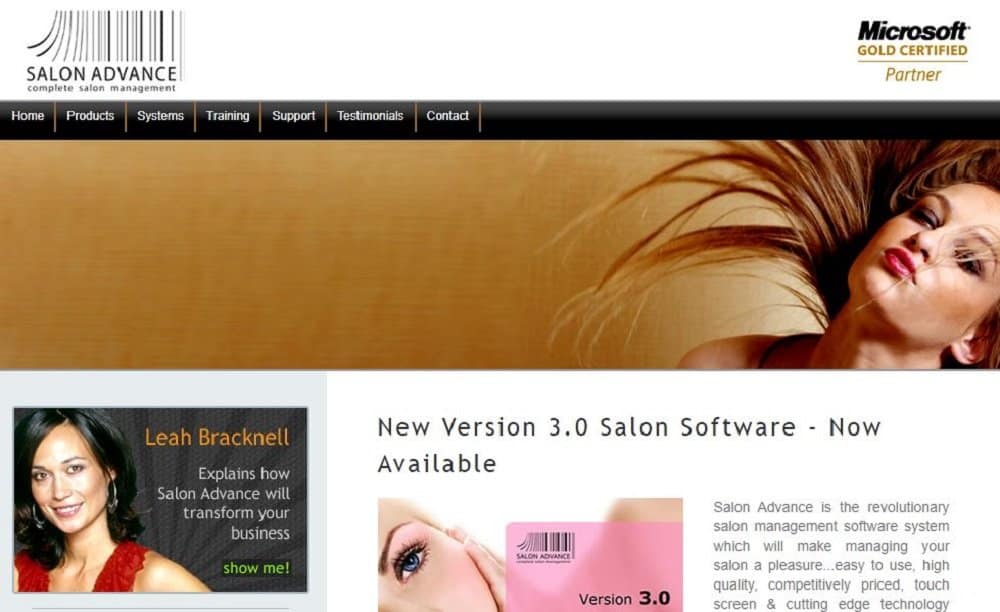 Screenshot of the site homepage for Salon Advance salon and spa software.