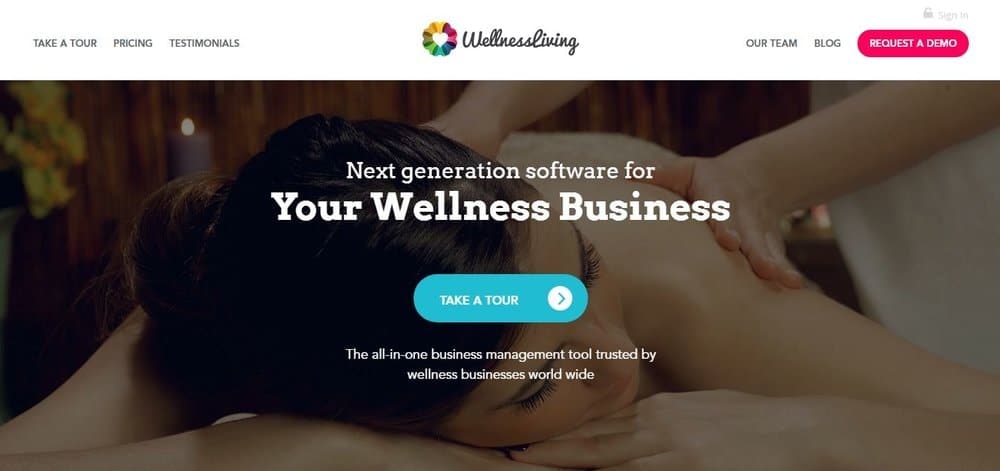 Screenshot of the site homepage for Wellnessliving scheduling software.