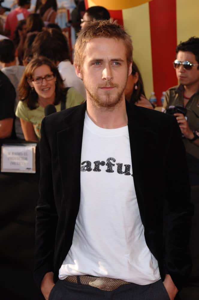 Actor Ryan Gosling wore a smart casual outfit and snakeskin belt with his spiky crew cut hairstyle at the 2005 MTV Movie Awards at the Shrine Auditorium on June 4, 2005 in Los Angeles, CA.