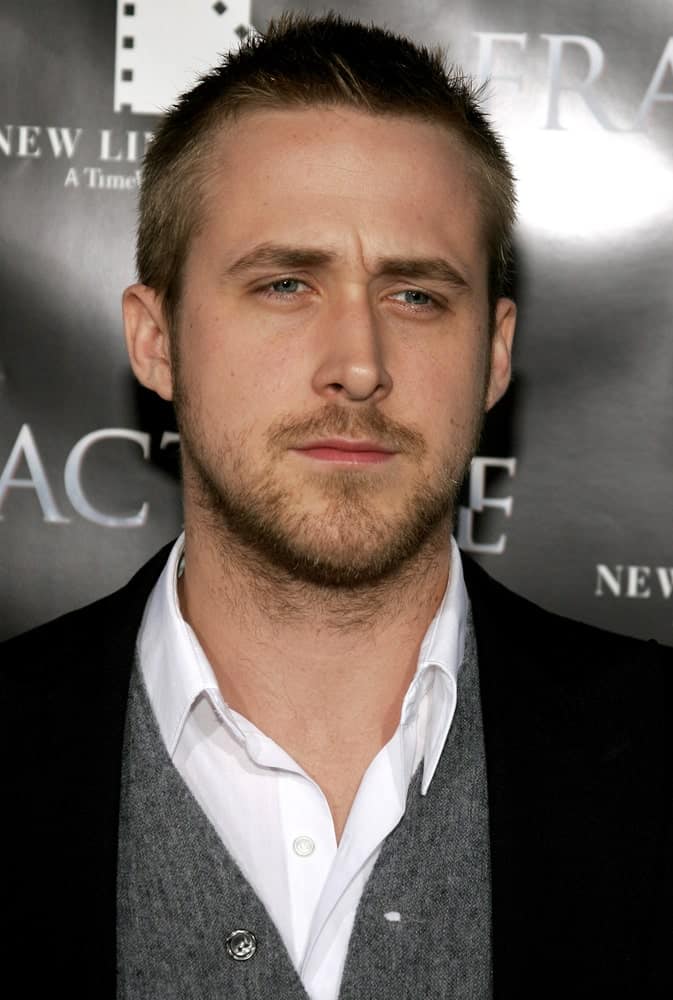 Ryan Gosling wore a spiky crew cut with his smart casual outfit when he attended the Los Angeles Premiere of Fracture held at the Mann Village Theater in Westwood, California on April 11, 2007.