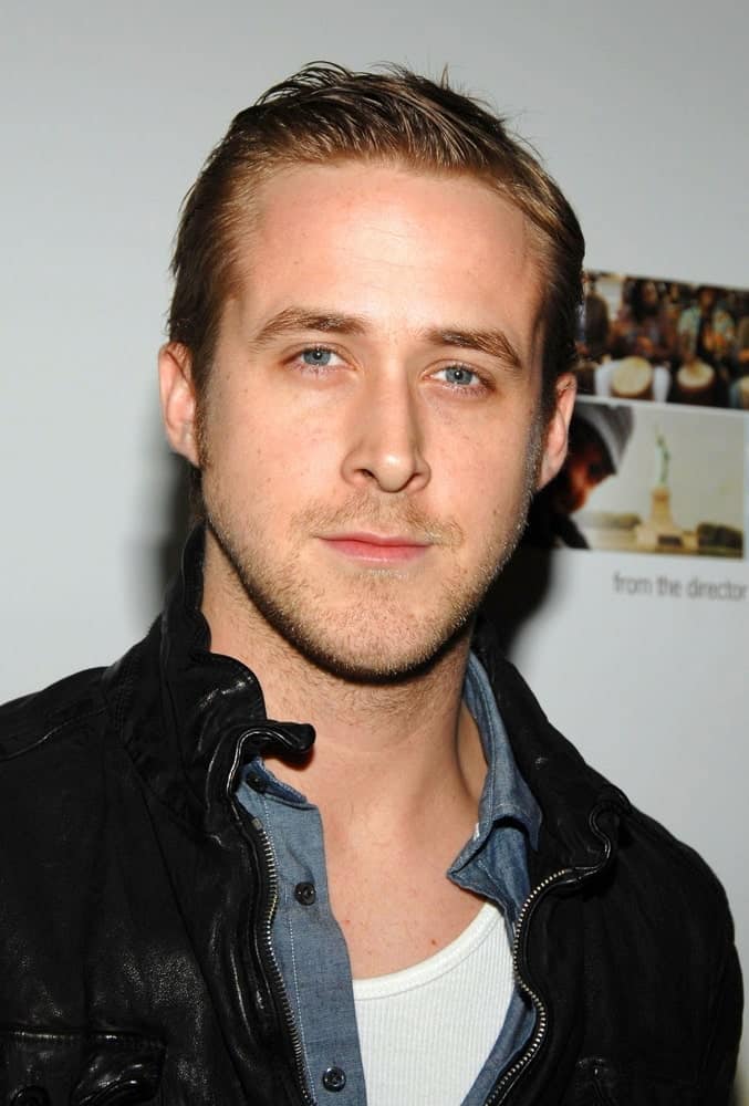 Ryan Gosling wore an edgy black leather jacket with his slick pompadour hairstyle and five o'clock shadow at THE VISITOR Premiere, MoMA - The Museum of Modern Art in New York on April 01, 2008.