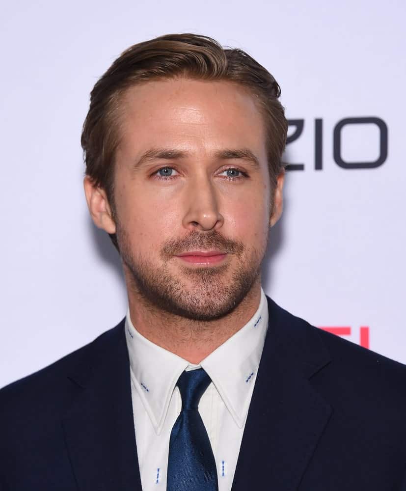 Ryan Gosling's blue eyes matches his tie and complements his side-parted slick hairstyle at the AFI Fest 2015 Closing Gala of 'The Big Short' World Premiere on November 12, 2015 in Hollywood, CA.