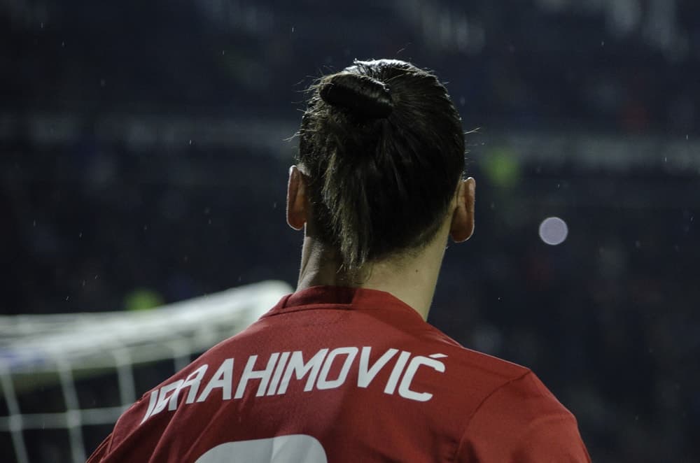 Back profile of Zlatan Ibrahimovic during the UEFA Europa League match between Zarya Lugansk vs Manchester United (Manchester, United Kingdom), Ukraine.