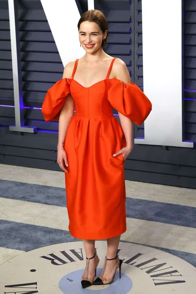 Emilia Clarke at the 2019 Vanity Fair Oscar Party at The Wallis Annenberg Center for the Performing Arts on February 24, 2019, in Beverly Hills, CA.