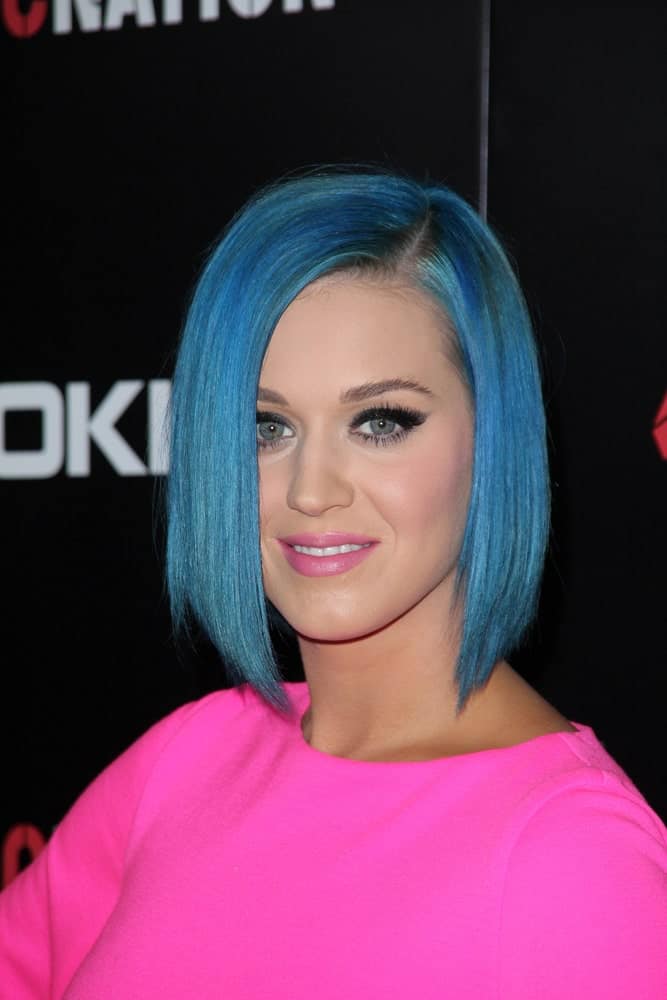 Katy Perry contrasts her vibrant pink dress with a blue side-parted bob cut at the 2012 ROC Nation Pre- Grammy Brunch held at Soho House, West Hollywood, CA on February 11, 2012.