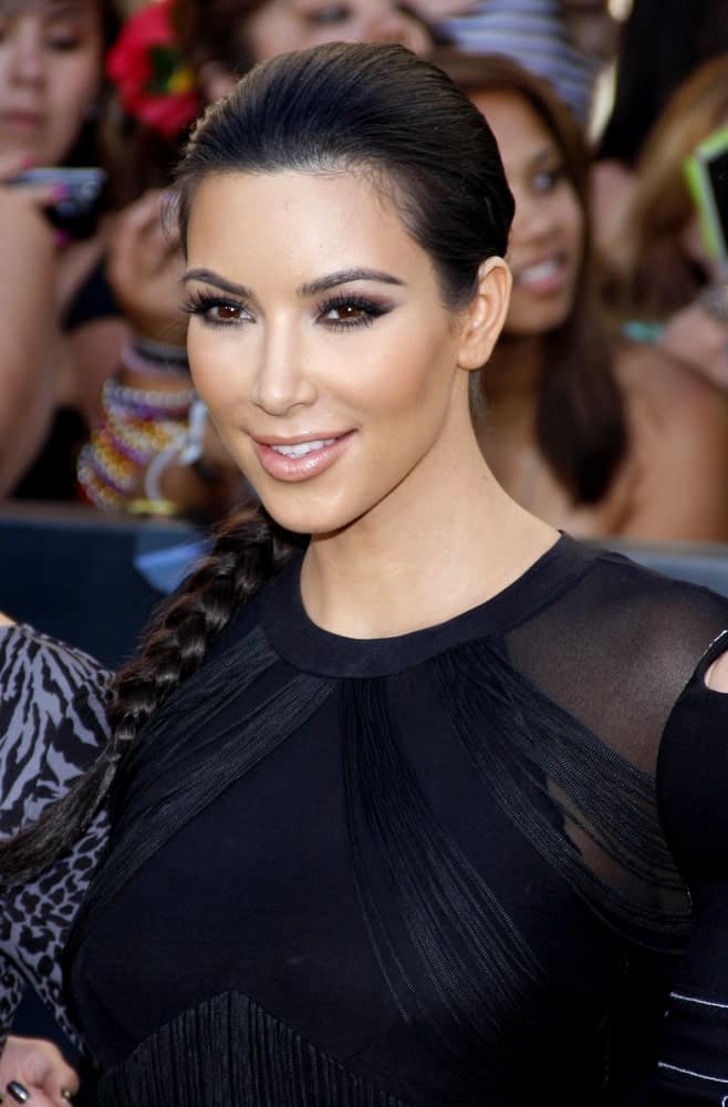On June 24, 2010, Kim Kardashian was spotted at “The Twilight Saga: Eclipse” Los Angeles Premiere held at the Nokia Live Theater in Los Angeles with her long jet black locks arranged into a sleek braided ponytail.