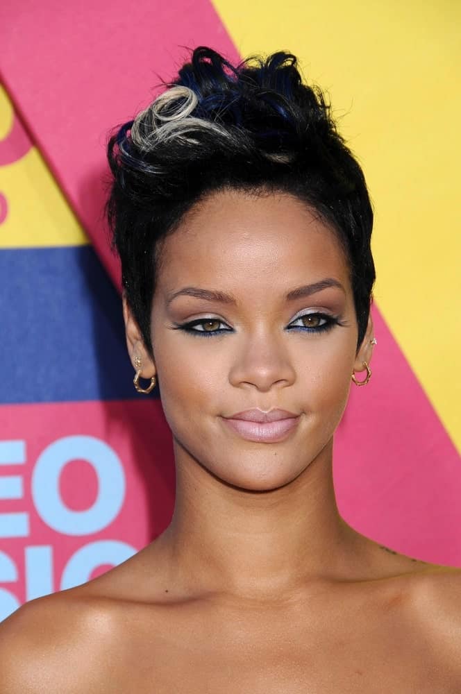 Rihanna’s raven pixie hair was curly and swept up with a few tendrils highlighted at the 2008 MTV Video Music Awards at the Paramount Pictures Studios in Los Angeles, CA on September 7, 2008.