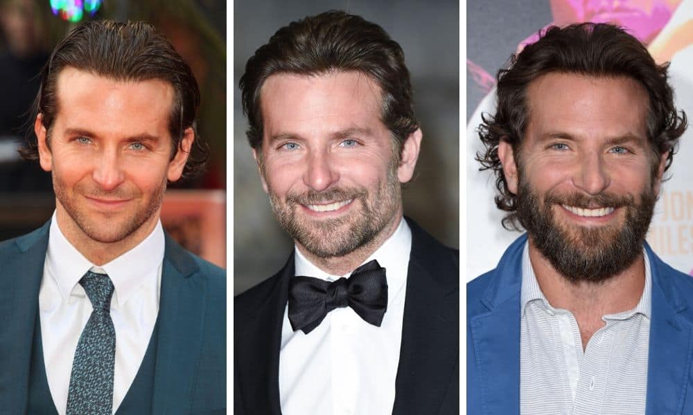 Bradley Cooper collage no beard, short beard, long beard
