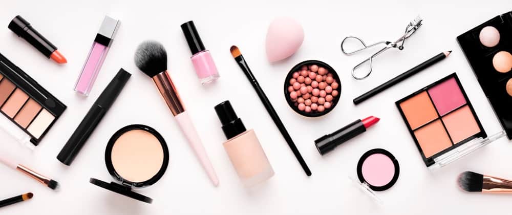 Cosmetic products and tools on a panoramic shot.