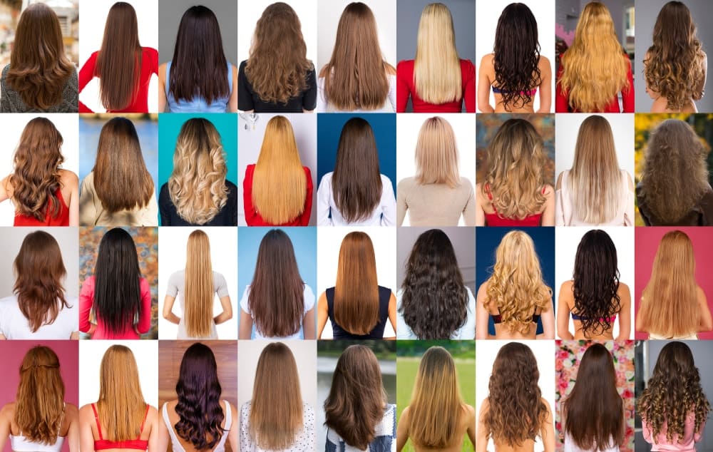This is a photo collage depicting the different types of female hair.