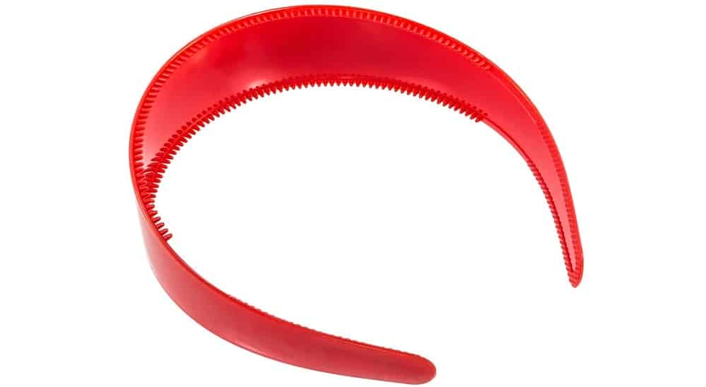 A close look at a red toothed headband.